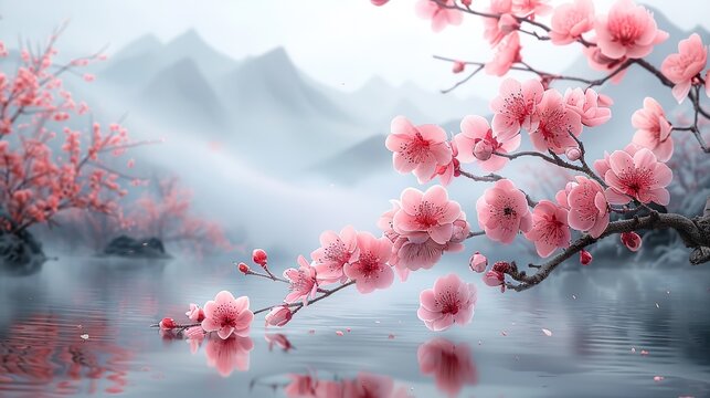 cherry blossom flower in winter season with foggy mountains background