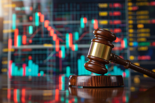 gavel with stock market background, laws and punishments for investors or executives who commit wrongdoing in investing in stock market