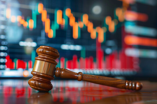 gavel with stock market background, laws and punishments for investors or executives who commit wrongdoing in investing in stock market