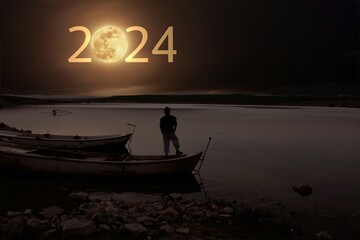 Man watching the bear from the boat by the lake. full moon at top of sky and number 2024 abstract...