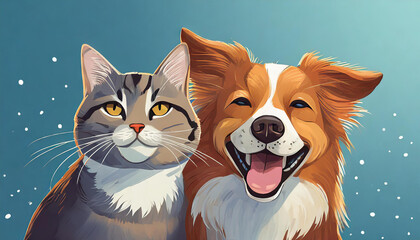 Fototapeta premium Banner with pets. Dog and cat smiling with happy expression and closed eyes. Isolated on blue colored background