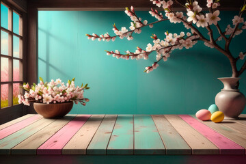 Empty wooden table for product presentation, easter morning. - obrazy, fototapety, plakaty