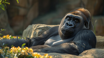 Fototapeta na wymiar close up wildlife photography, authentic photo of a gorilla in natural habitat, taken with telephoto lenses, for relaxing animal wallpaper and more