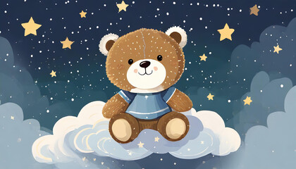 Cute little bear is sitting on the cloud and watching the stars, vector illustration, kids fashion artworks, baby graphics for wallpapers and prints.