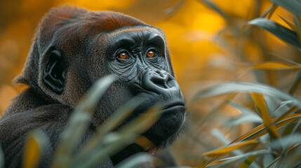 close up wildlife photography, authentic photo of a gorilla in natural habitat, taken with telephoto lenses, for relaxing animal wallpaper and more