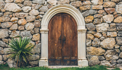 old wooden door with a carved arch in the stone wall; beautiful vintage background