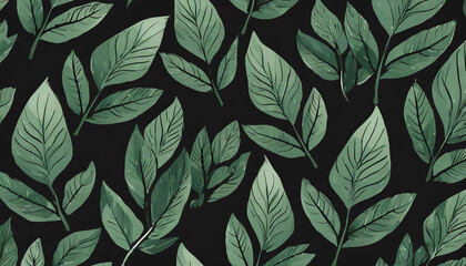 Fototapeta premium Pattern of dark green leaves on a black background