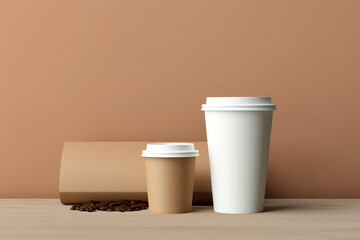 Blank takeaway paper cups with the lid on the table with coffee. Disposable recyclable cup mockup. Packaging template for product design, branding, and display. Generative AI 