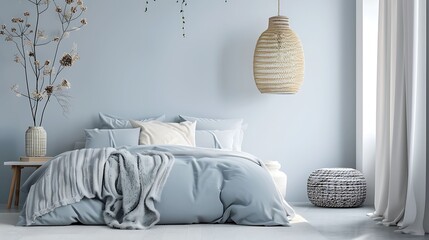 A bedroom with a Scandinavian inspired color palette of soft grays, blues, and whites for a serene atmosphere
