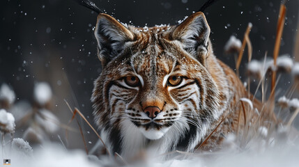 Obraz premium close up wildlife photography, authentic photo of a lynx in natural habitat, taken with telephoto lenses, for relaxing animal wallpaper and more