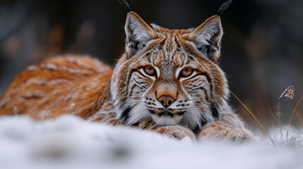 Naklejka na ściany i meble close up wildlife photography, authentic photo of a lynx in natural habitat, taken with telephoto lenses, for relaxing animal wallpaper and more