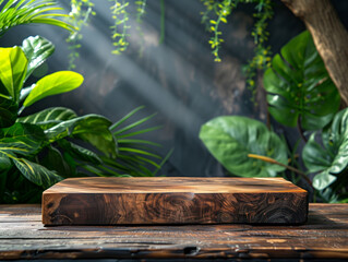 Product presentation wooden podium with tropical plants