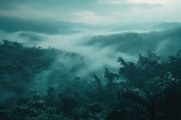 a view of a valley surrounded by fog