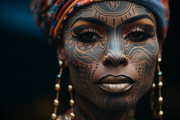 Close-up of a black woman's face featuring intricate traditional and contemporary styled facial tattoos.