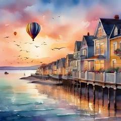  Painting of a row of houses on a pier with a boat in the water © Tayba