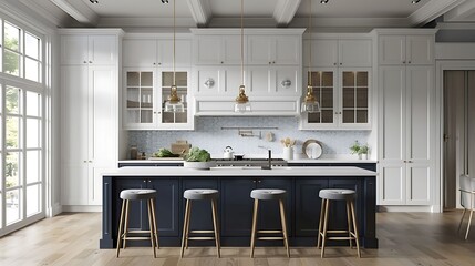 a coastal inspired kitchen with white cabinets and navy blue island, evoking a nautical and seaside vibe