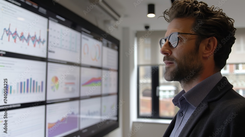 Poster a business executive attentively reviews complex data visualizations on a large touchscreen display 