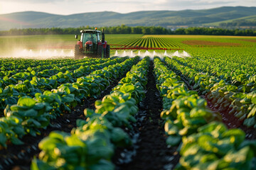 A tractor sprays pesticides on a vegetable field to exterminate pests and diseases. Concept for healthy and delicious vegetable cultivation and agriculture.