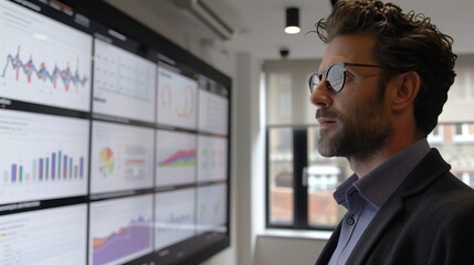 A business executive attentively reviews complex data visualizations on a large touchscreen display during a strategic planning session in a boardroom.