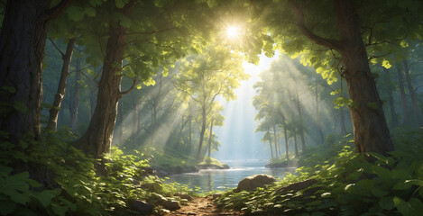 view of the forest with the river around it, the sun gently shines on the surrounding area and penetrates the leaves