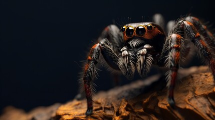 Close up of Phidippus regius jumping spider on the dark background