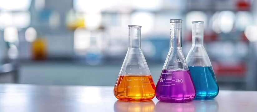 Group of laboratory flasks and beaker for experiment with color liquid in science laboratory