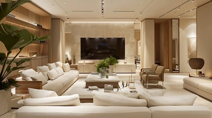 a TV lounge with a minimalist color palette of whites and neutrals, creating a serene and calming ambiance