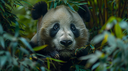 close up wildlife photography, authentic photo of a cute panda in natural habitat, taken with telephoto lenses, for relaxing animal wallpaper and more