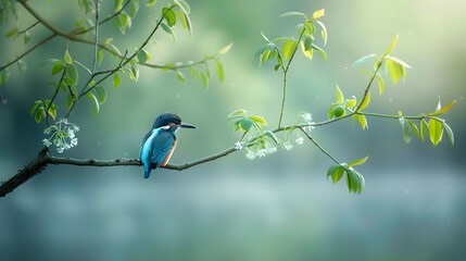 Common kingfisher sits on willow branch with fresh green, Hesse, Germany - obrazy, fototapety, plakaty