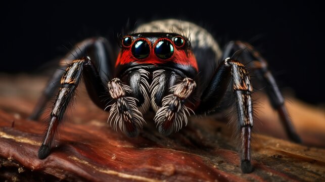 Close up of Phidippus regius jumping spider on the dark background