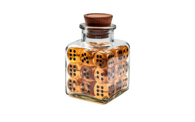 A glass bottle is filled with gold and black dice, creating an intriguing and unique display. Isolated on a Transparent Background PNG.