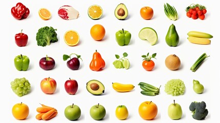Collection of fresh fruits and vegetables isolated on white background