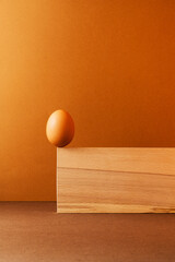 One brown egg on the edge of wood piece on brown and orange background