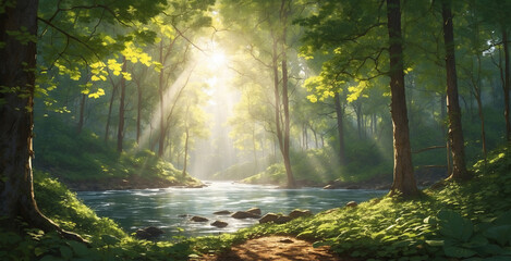 view of the forest with the river around it, the sun gently shines on the surrounding area and penetrates the leaves