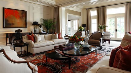 a transitional living room with a mix of modern and traditional furniture pieces