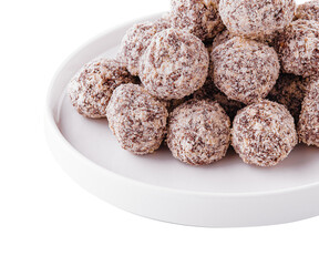 Chocolate truffles triangle on white plate