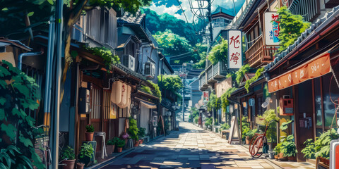 Fototapeta na wymiar an anime inspired street, typical oriental city, japan or chinese