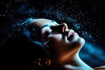 Charming woman standing with her eyes closed, gazing up at the stars in the night sky