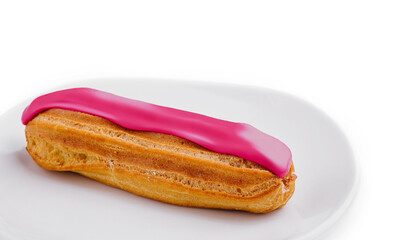 Eclair dessert with pink icing on plate