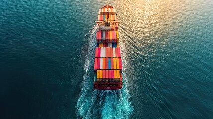 A view from above of a heavily laden container cargo ship speeds over the ocean - obrazy, fototapety, plakaty