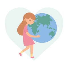 concept of love for the Earth. Earth Day. A cute girl hugs the planet. Take care of our Land. eco-friendly. vector