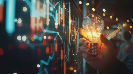 Illuminating Insights, Businessman Holds Creative Light Bulb Alongside Growth Graph and Analytics Icons. - obrazy, fototapety, plakaty