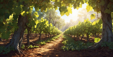 view of the vineyards, with the road in the middle and sunlight filtering through the surrounding...