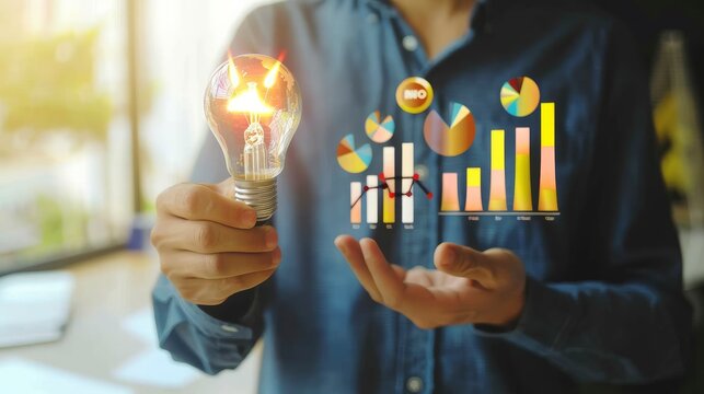 Illuminating Insights, Businessman Holds Creative Light Bulb Alongside Growth Graph and Analytics Icons.