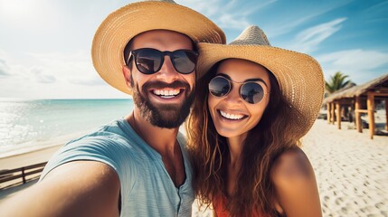 Couple on summer tropical vacation taking selfie photo on the beach. Man and woman on Mexico caribbean travel - obrazy, fototapety, plakaty