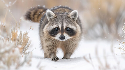 Obraz premium close up wildlife photography, authentic photo of a cute raccoon in natural habitat, taken with telephoto lenses, for relaxing animal wallpaper and more
