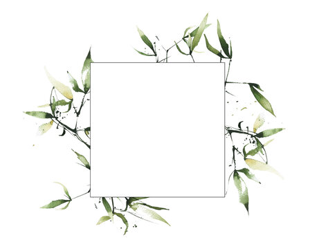 Watercolor hand painted exotic greenery square line frame. Green and yellow bamboo branches, leaves and twigs. Watercolour template design.