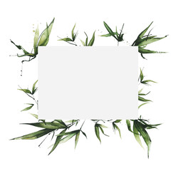 Watercolor hand painted exotic greenery horizontal rectangular frame. Green bamboo branches, leaves and twigs. Watercolour template design.