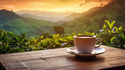 Cup of hot tea with sacking on the wooden table and the tea plantations background - obrazy, fototapety, plakaty