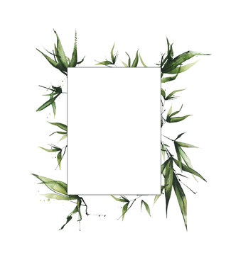 Watercolor hand painted exotic greenery vertical line rectangular frame. Green bamboo branches, leaves and twigs. Watercolour template design.